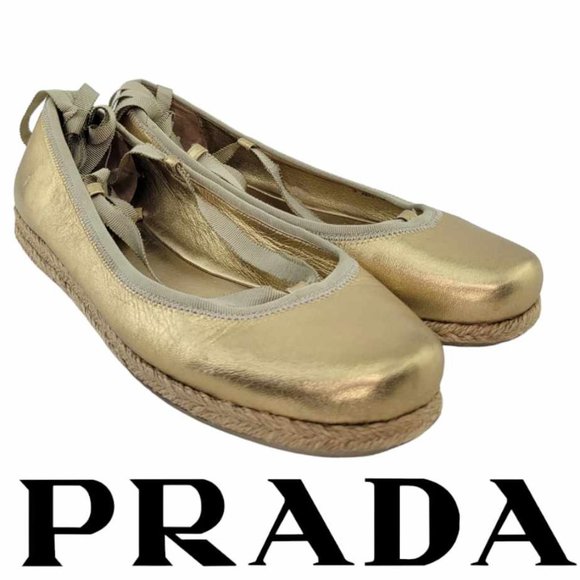 Prada Shoes - AUTHENTIC PRADA Metallic Gold Leather Wrap Up Espadrille Flats Sz 38 (US 8)